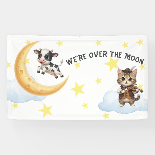 Banderoles We're Over the Moon, Cow, Moon, Cat Baby Shower (Horizontal)