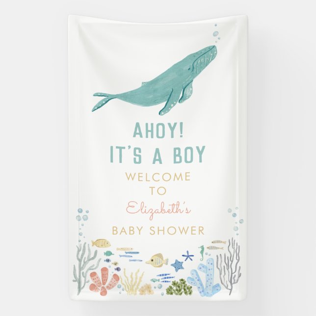 Banderoles Whale Ahoy ! C'est un Baby shower garçon Bienvenue (Verticale)