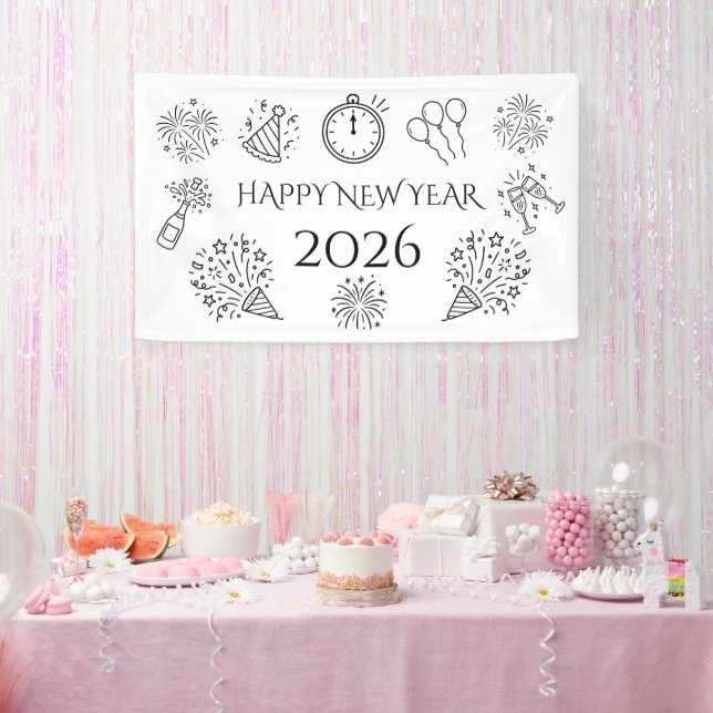 Banderoles Whimsical Doodles Black Text Happy New Year 2026 (Fête)