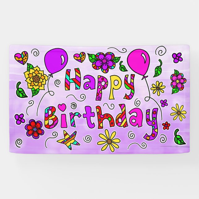 Banderoles Whimsical violet et rose heureux anniversaire fill (Horizontal)