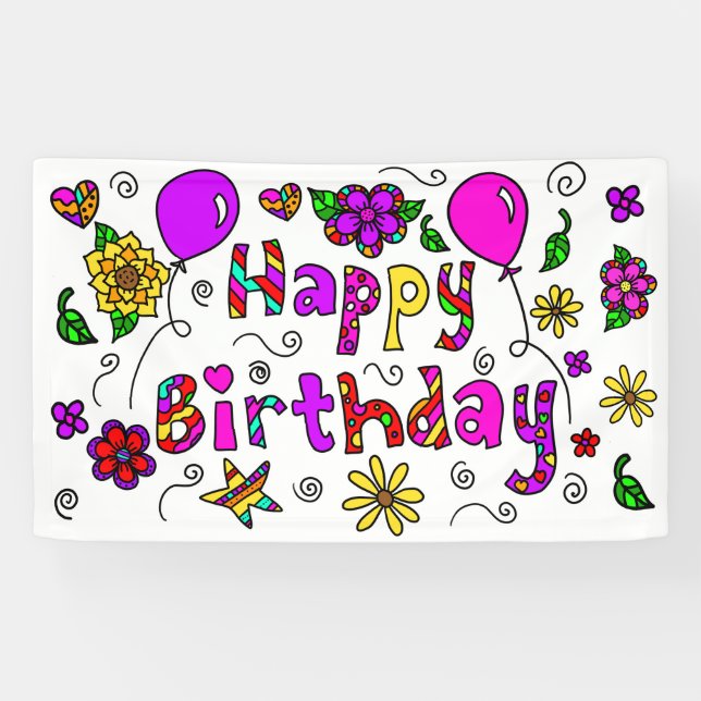Banderoles Whimsical violet et rose heureux anniversaire fill (Horizontal)