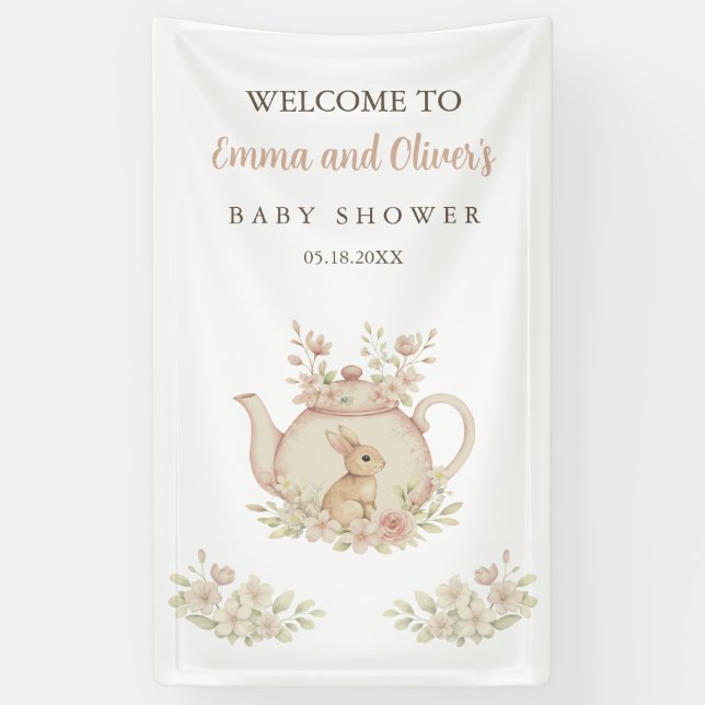 Banderoles Whimsical Watercolor Bunny Tea Party Baby Shower (Vertical)
