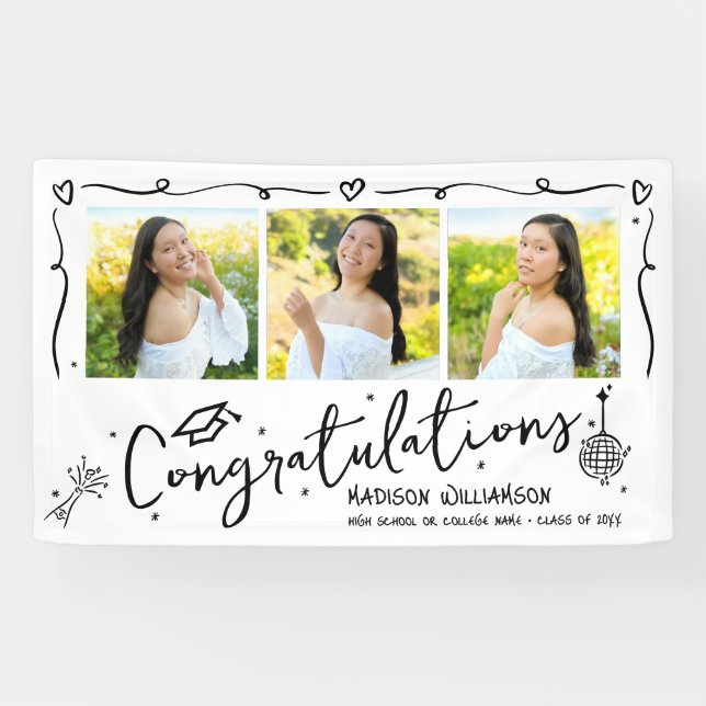 Banderoles White Black Hand Drawn Doodles Graduation 3 Photo (Horizontal)