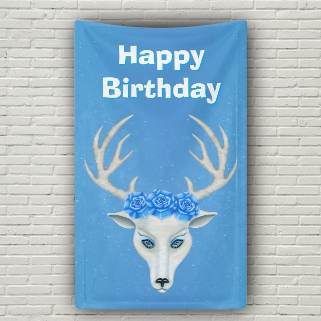 Banderoles White Deer Head Large Antlers Blue Roses Anniversa (White deer head wearing blue roses with big antlers on vibrant blue Happy Birthday backdrop.)