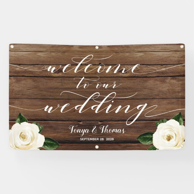 Banderoles White Peony Calligraphy Wood Welcome Notre Mariage (Horizontal)