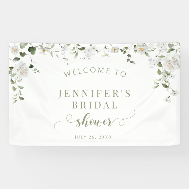 Banderoles White Poeny Rose Flower Bridal Shower Welcome (Horizontal)
