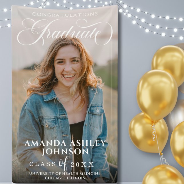 Banderoles White Script Félicitations Photo Graduation (Créateur téléchargé)