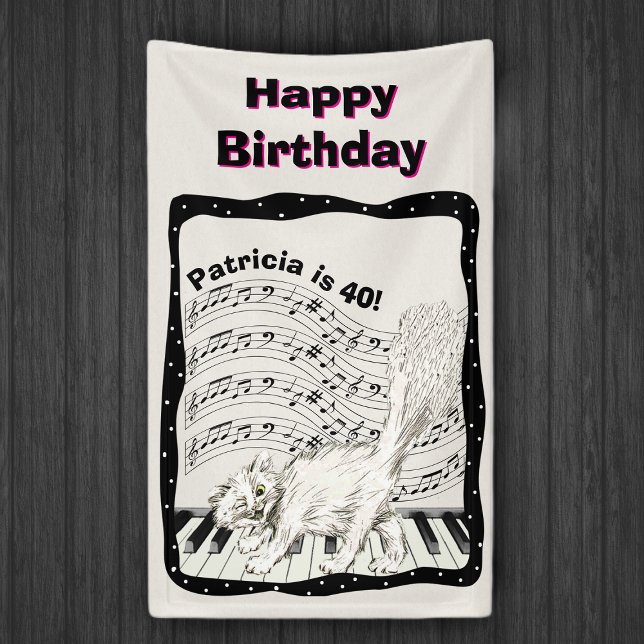 Banderoles White Winking Chat Piano Keys note de musique Anni (White cat piano keys bars black music notes wavy black white dotted frame on Happy Birthday backdrop)