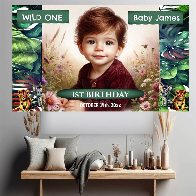 Banderoles Wild One 1er Anniversaire Jungle Safari Photo Trop (Wild One 1st Birthday Jungle Safari Tropical Photo Banner)