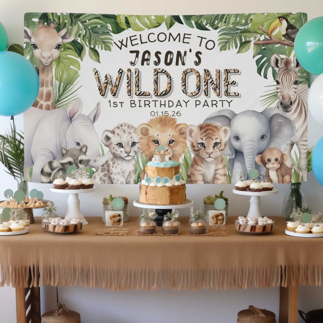 Banderoles Wild One Jungle Safari Animal 1er anniversaire bie (Wild one birthday banner backdrop, Safari jungle animals boy 1st birthday banner)