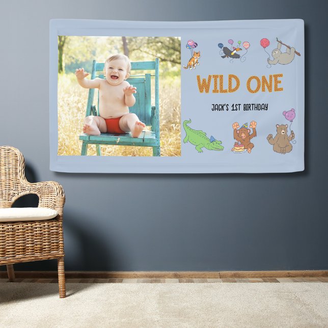 Banderoles Wild One Jungle Safari Blue 1er anniversaire (Wild one 1st birthday banner in blue with jungle safari theme. Includes photo template.)
