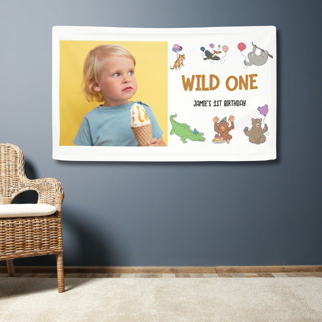 Banderoles Wild One Jungle Safari Thème 1er anniversaire (Wild one party wall banner. 1st birthday jungle safari theme with photo.)