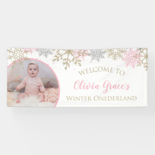 Banderoles Winter Onederland Pink and Gold Snowflakes Photo