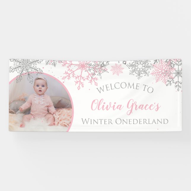 Banderoles Winter Onederland Pink and Silver Snowflakes Photo (Horizontal)