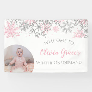 Banderoles Winter Onederland Pink and Silver Snowflakes Photo