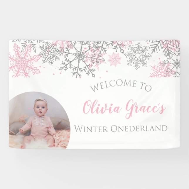 Banderoles Winter Onederland Pink and Silver Snowflakes Photo (Horizontal)