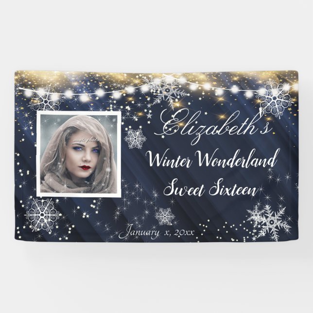 Banderoles Winter Wonderland Sweet sixteen Snowflakes Bleu (Horizontal)