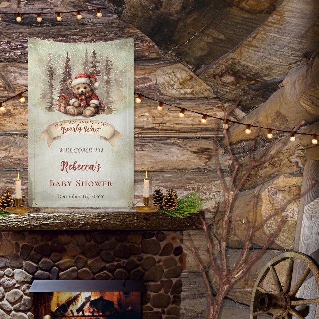 Banderoles Woodland Bear Bearly Wait Holiday Boy Baby shower ("It's A Boy and We Can Bearly Wait" Baby Shower rustic woodland Christmas Holiday design)