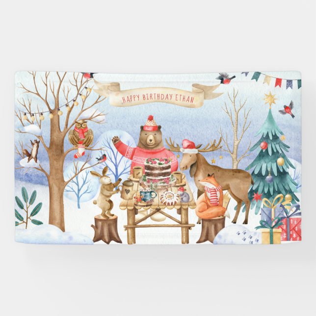 Banderoles Woodland Friends Winter Birday Party Welcome (Horizontal)