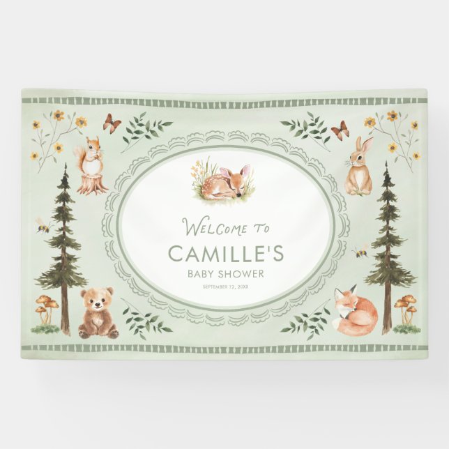 Banderoles Woodland Sage Green Baby Shower Welcome Banner (Horizontal)