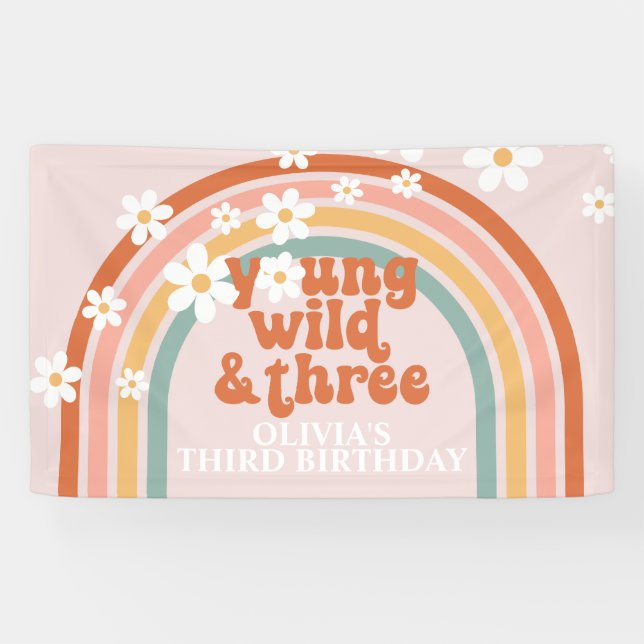 Banderoles Young Wild Three Super Rainbow Daisy Anniversaire (Horizontal)