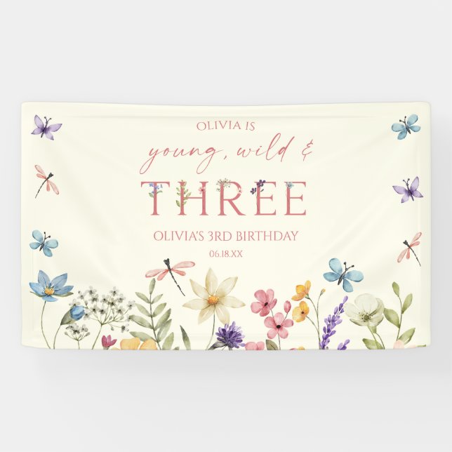 Banderoles Young Wild & Three Wildflower 3rd Birthday Party (Horizontal)