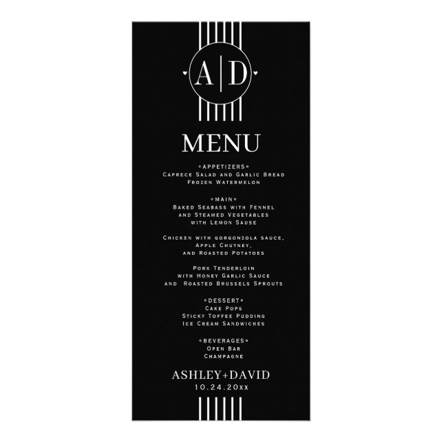 Bandes blanches et initiales noir carte de menu ma (Devant)