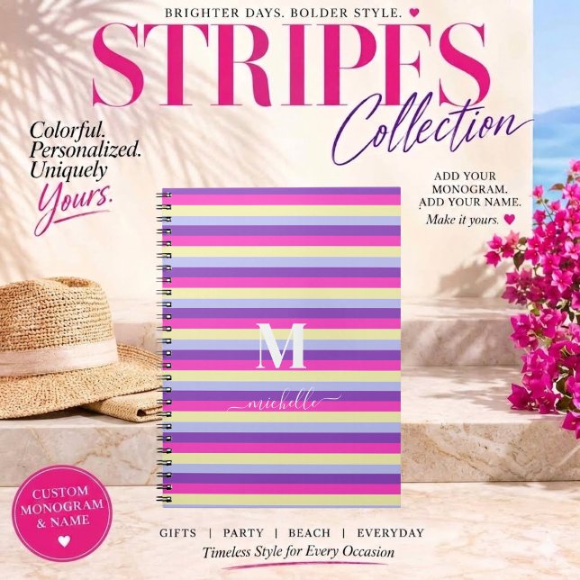 Bandes Colorées avec Monogramme en Script  (Colorful Stripes Collection -Monogram and Script-Purple Pink Yellow and Blue)