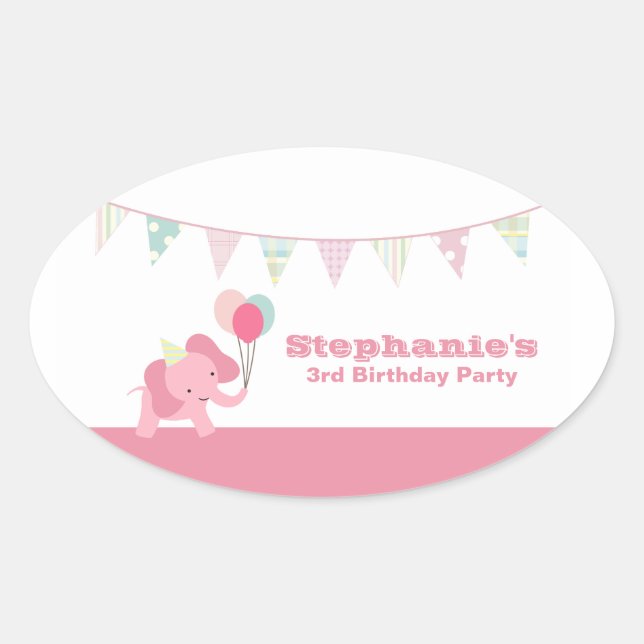 Bandes d'éléphants roses autocollants ovale d'anni (Devant)