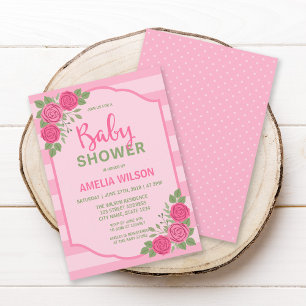 Bandes et Rose Rose Girl Baby shower Invitation