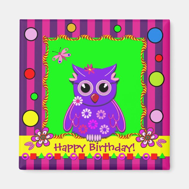 Bandes mignonnes, pois, hibou, Aimant d'anniversai (Devant)