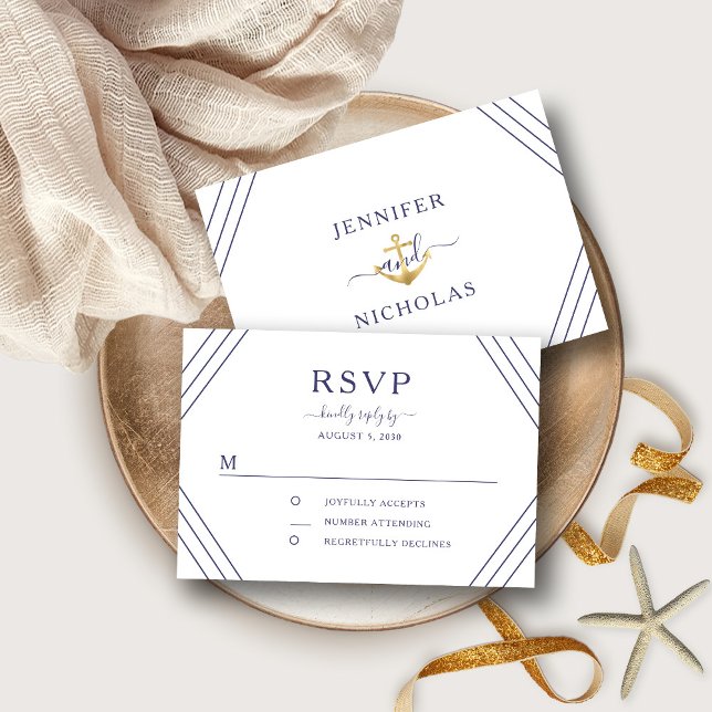 Bandes Nautiques Gold Ancre Mariage RSVP (Front/Back Nautical Stripes Gold Anchor Wedding RSVP)