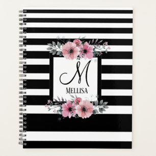Bandes noires et blanches Monogramme floral rose