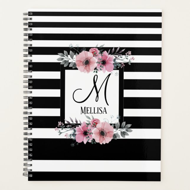 Bandes noires et blanches Monogramme floral rose (Devant)