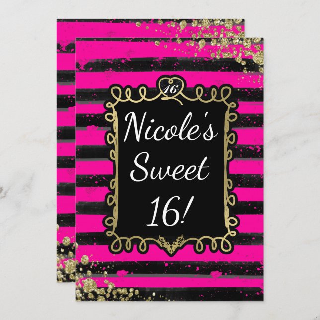 Bandes noires et roses Gold Foil Invitations (Devant / Derrière)