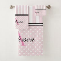 Bandes rose et blanc Ensemble de serviettes Monogr