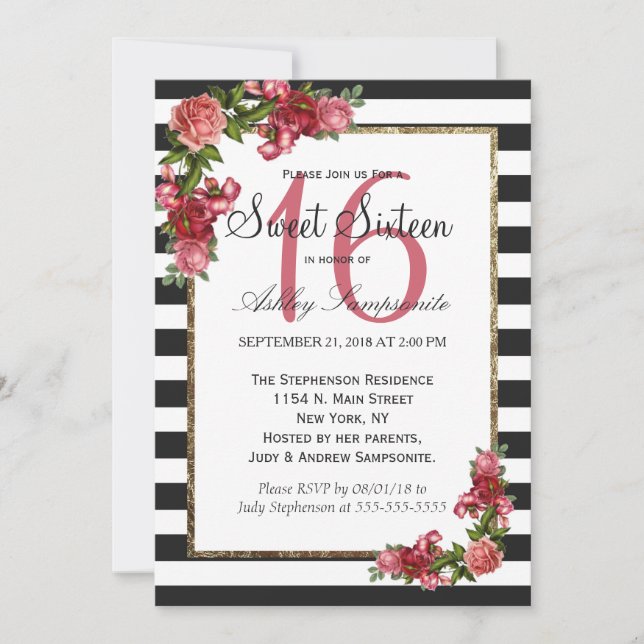 Bandes roses et Gold Sweet 16 Invitations (Devant)