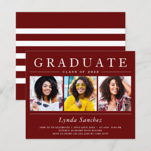 Bandes rouges foncées 3 Invitations de graduation 