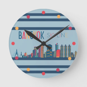 Bangkok Skyline Neon Orange Bleu Rouge Mur Horloge