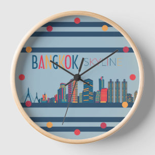 Bangkok Skyline Neon Orange Bleu Rouge Mur Horloge