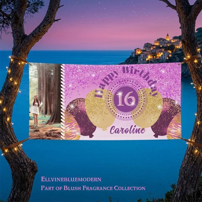 Bannière 16e anniversaire et ballons en paillettes (Sweet 16 Banner, Blush Fragrance Collection by Ellvinebluemodern)
