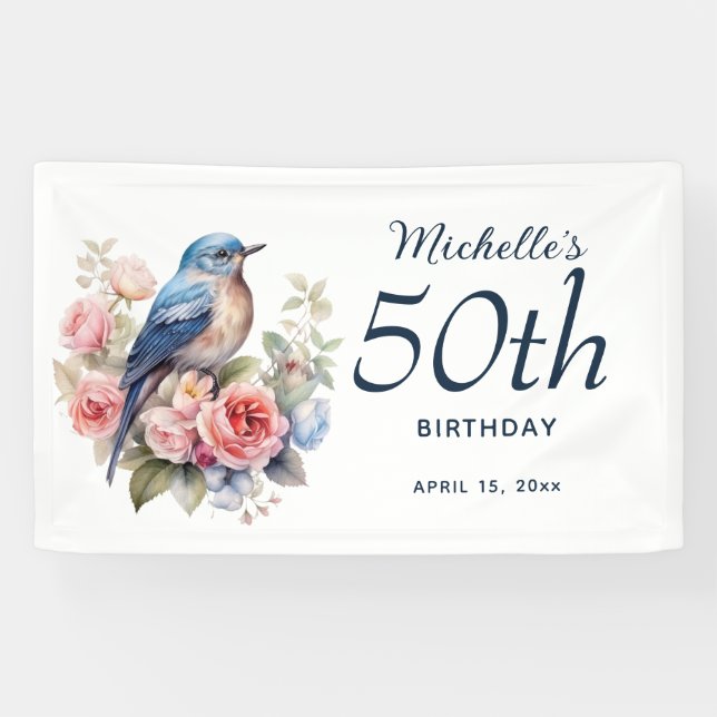 Bannière 50e anniversaire Fleur Rose Oiseau Bleu  (Horizontal)