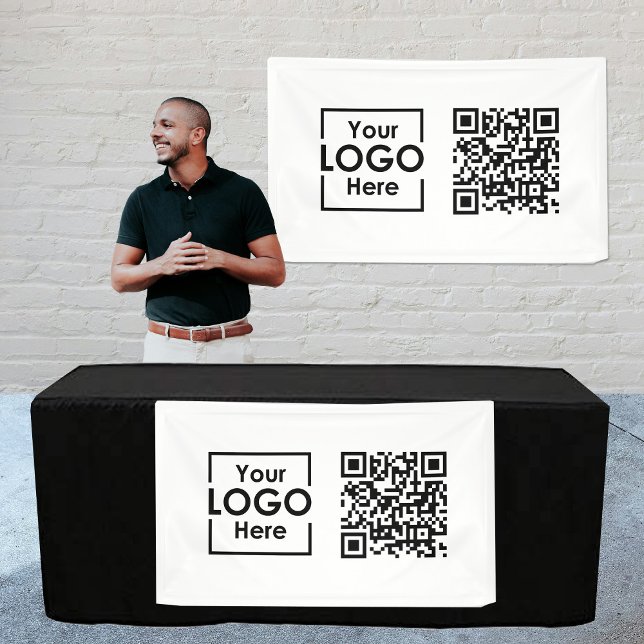 Bannière à accrochage blanc Signal commercial Logo (White Hanging Banner Sign Business Logo QR Code)