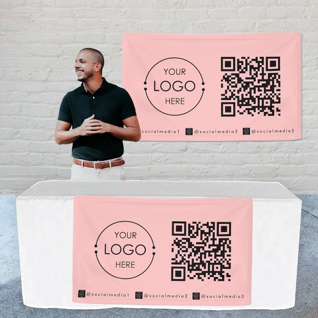 Bannière à accrochage personnalisé Signer Code QR  (Custom Hanging Banner Sign Pink Business QR Code)