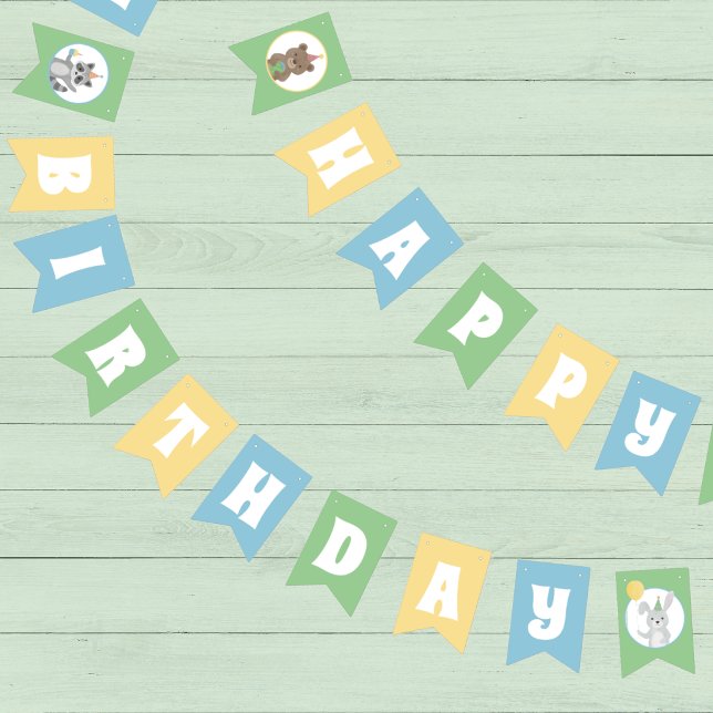 Bannière À Fanions Animaux de Fête Joyeux Anniversaire (Blue, yellow, and green Happy Birthday bunting banner with cute forest animals in party attire)
