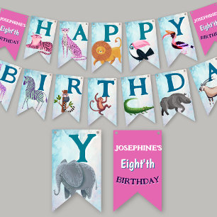 Bannière À Fanions Animaux de safari fille d'anniversaire jungle aqua