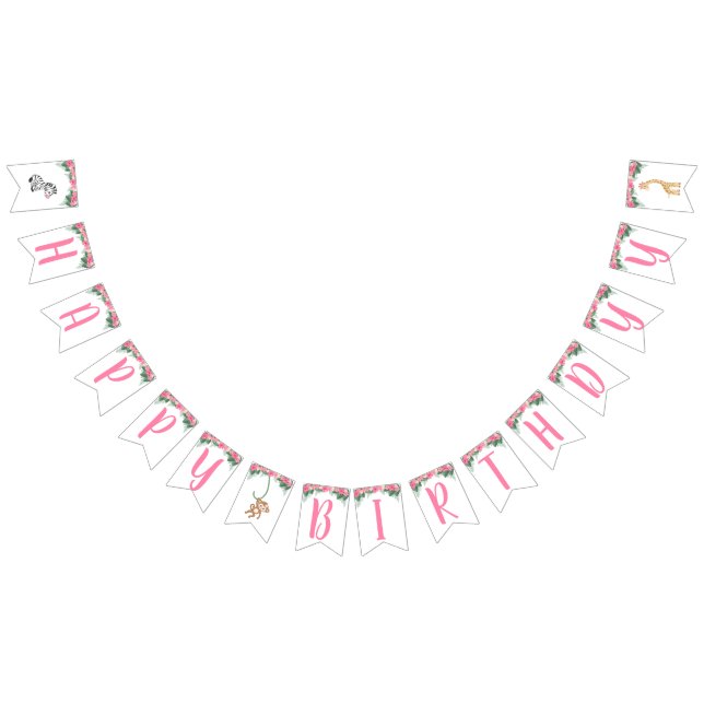 Bannière À Fanions Anniversaire d'un animal de Safari rose (Tout)