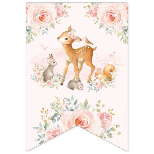 Bannière À Fanions Anniversaire floral de fille d'animaux roses mous
