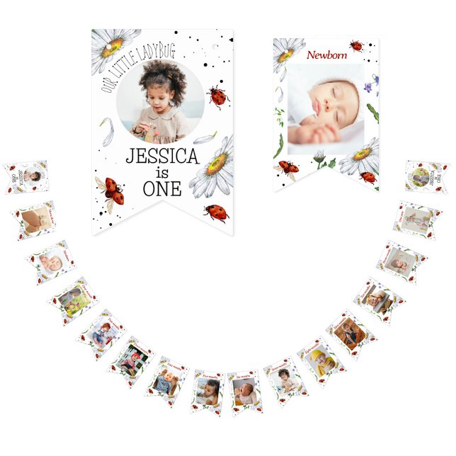 Bannière À Fanions Aquarelle magique mignonne 1er anniversaire Ladybu (Créateur téléchargé)