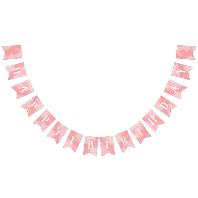 Bannière À Fanions Aquarelle rose Joyeux premier anniversaire (Tout)